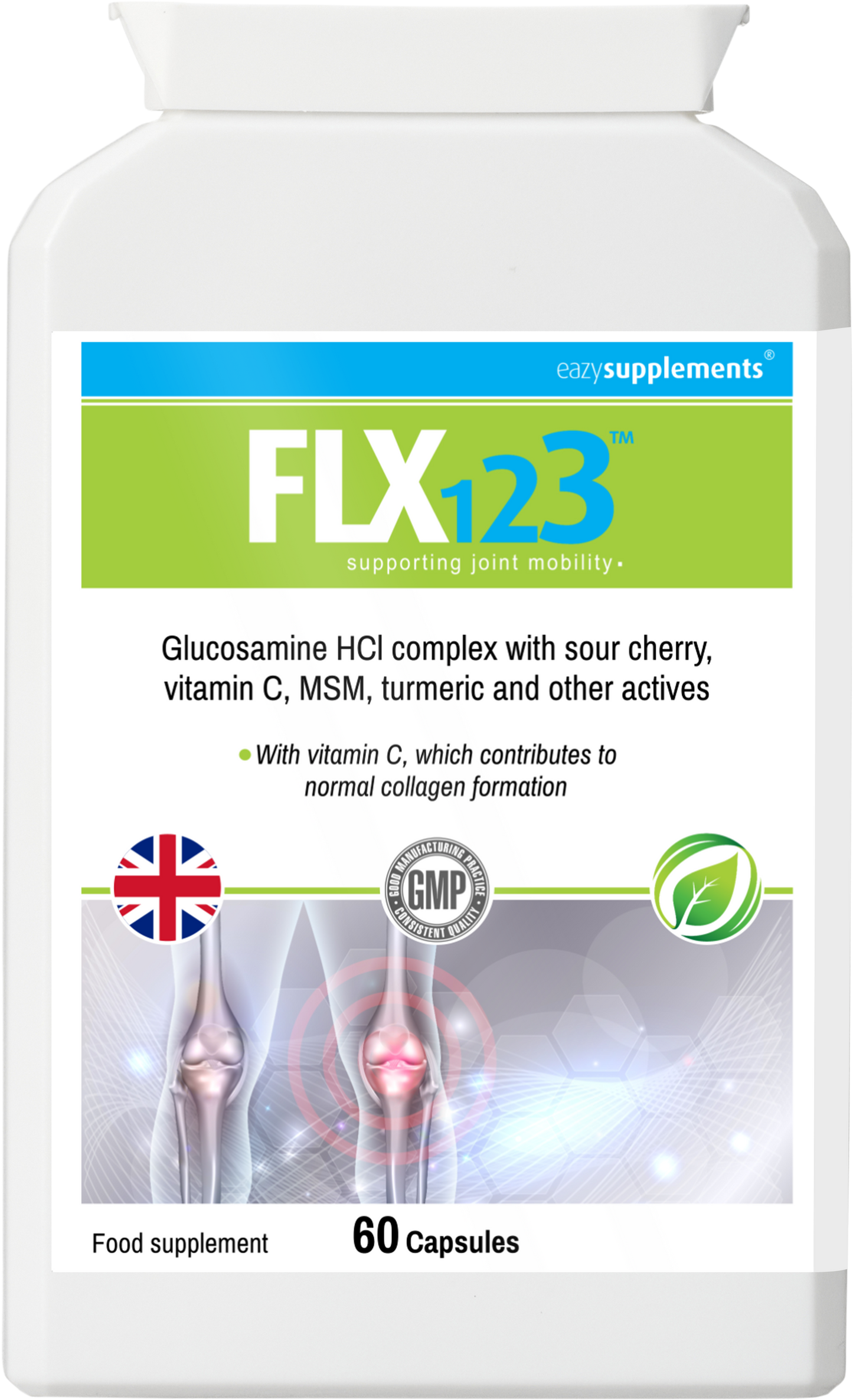 FLX123 - supporting joint mobility - Vitamin C, Turmeric, Glucosamine, Ginseng, Rosehip, Ginger Root, Montmorency Cherry