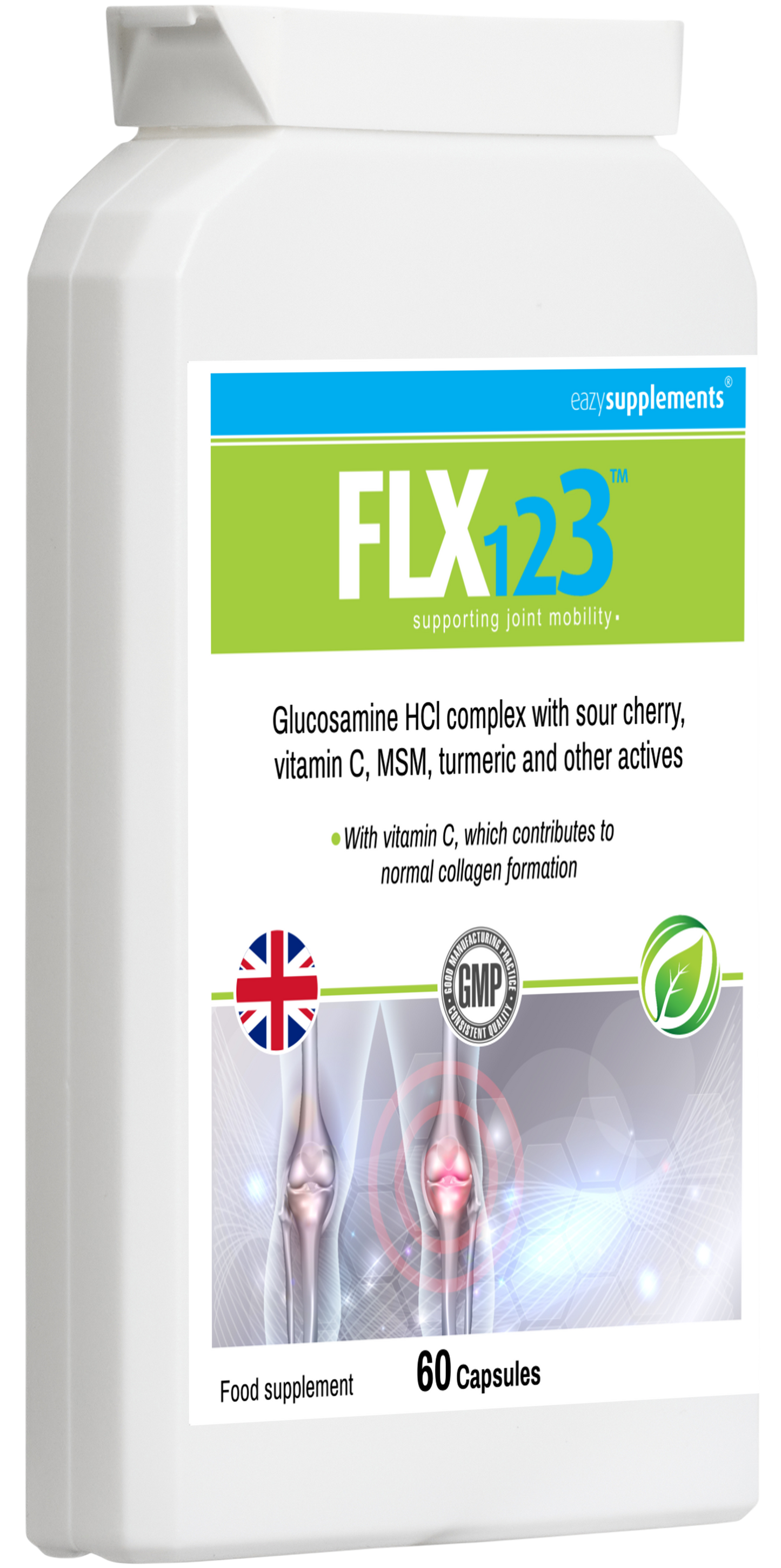 FLX123 - supporting joint mobility - Vitamin C, Turmeric, Glucosamine, Ginseng, Rosehip, Ginger Root, Montmorency Cherry
