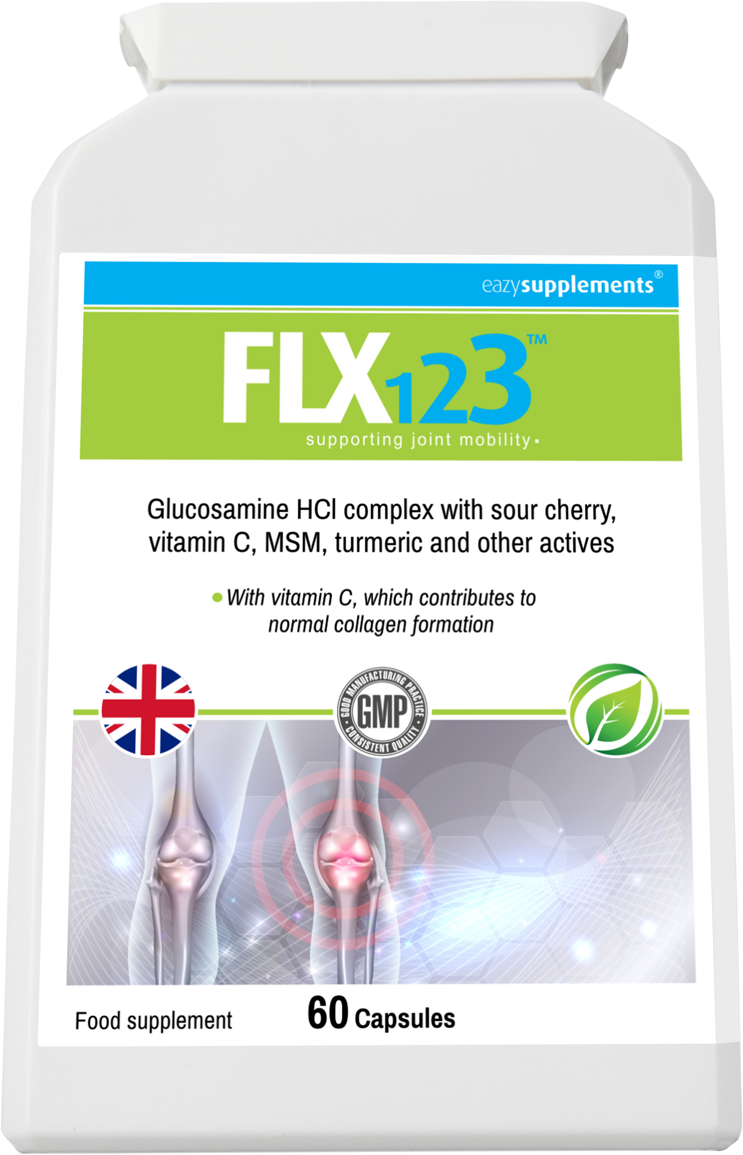 FLX123 - supporting joint mobility - Vitamin C, Turmeric, Glucosamine, Ginseng, Rosehip, Ginger Root, Montmorency Cherry