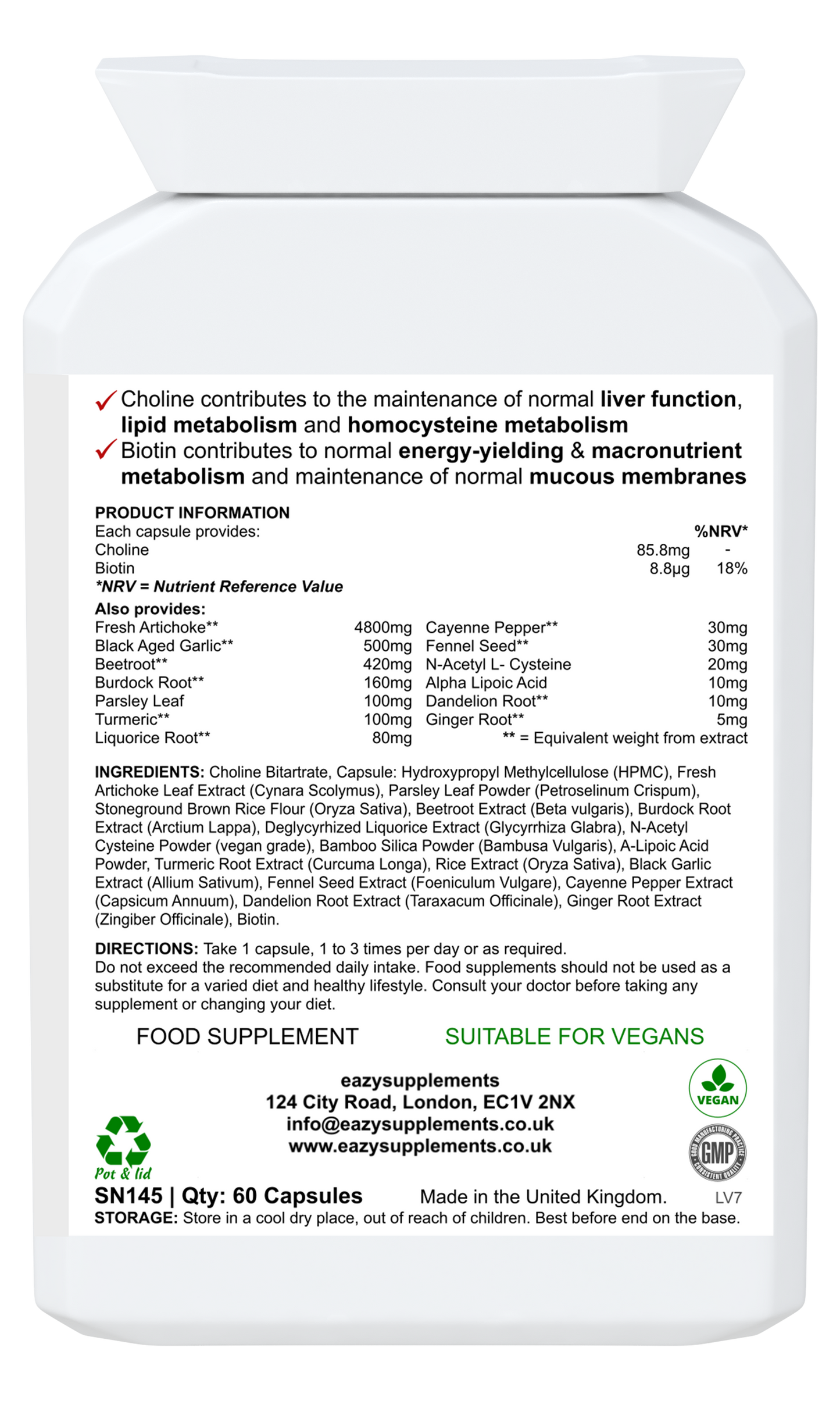 LIVER - healthy liver support formula, with a combination of herbal extracts and powders, plus vitamins.