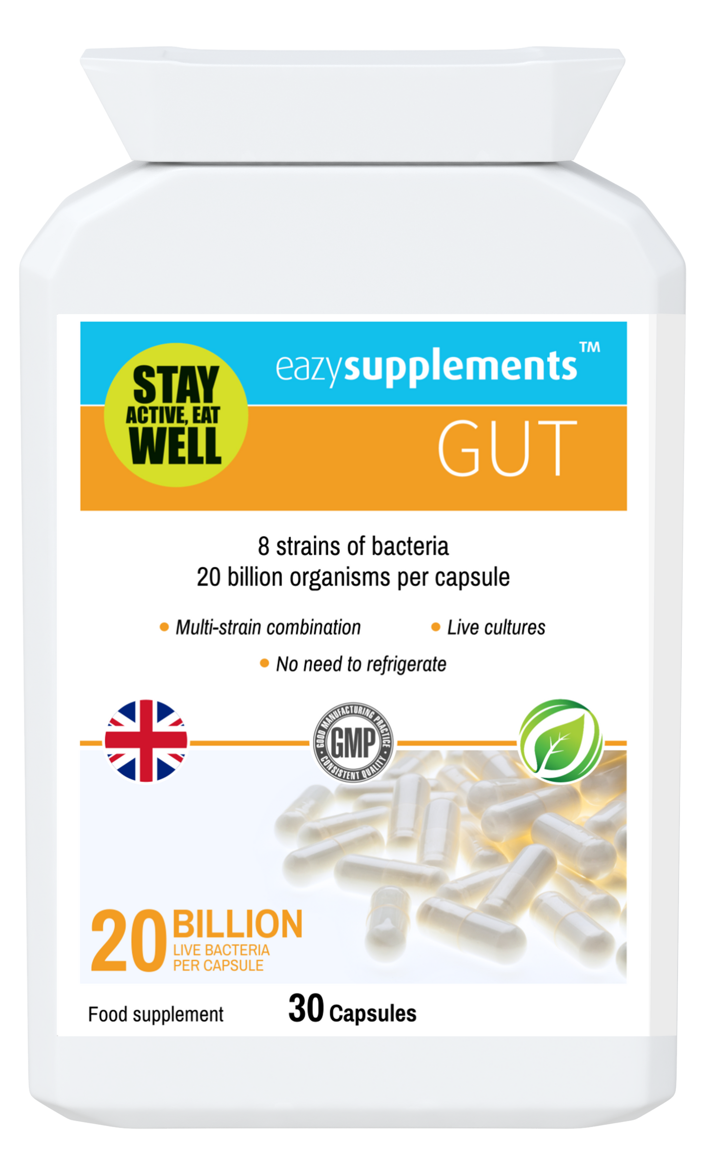 GUT is a practitioner-strength, multi-strain, vegan probiotics UK supplement
