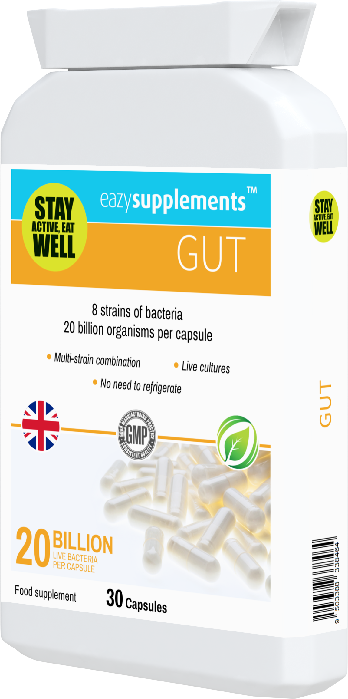 GUT is a practitioner-strength, multi-strain, vegan probiotics UK supplement