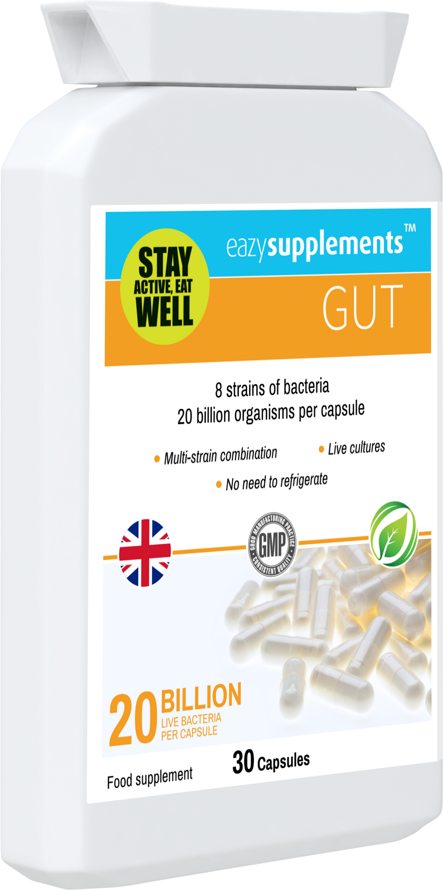 GUT is a practitioner-strength, multi-strain, vegan probiotics UK supplement