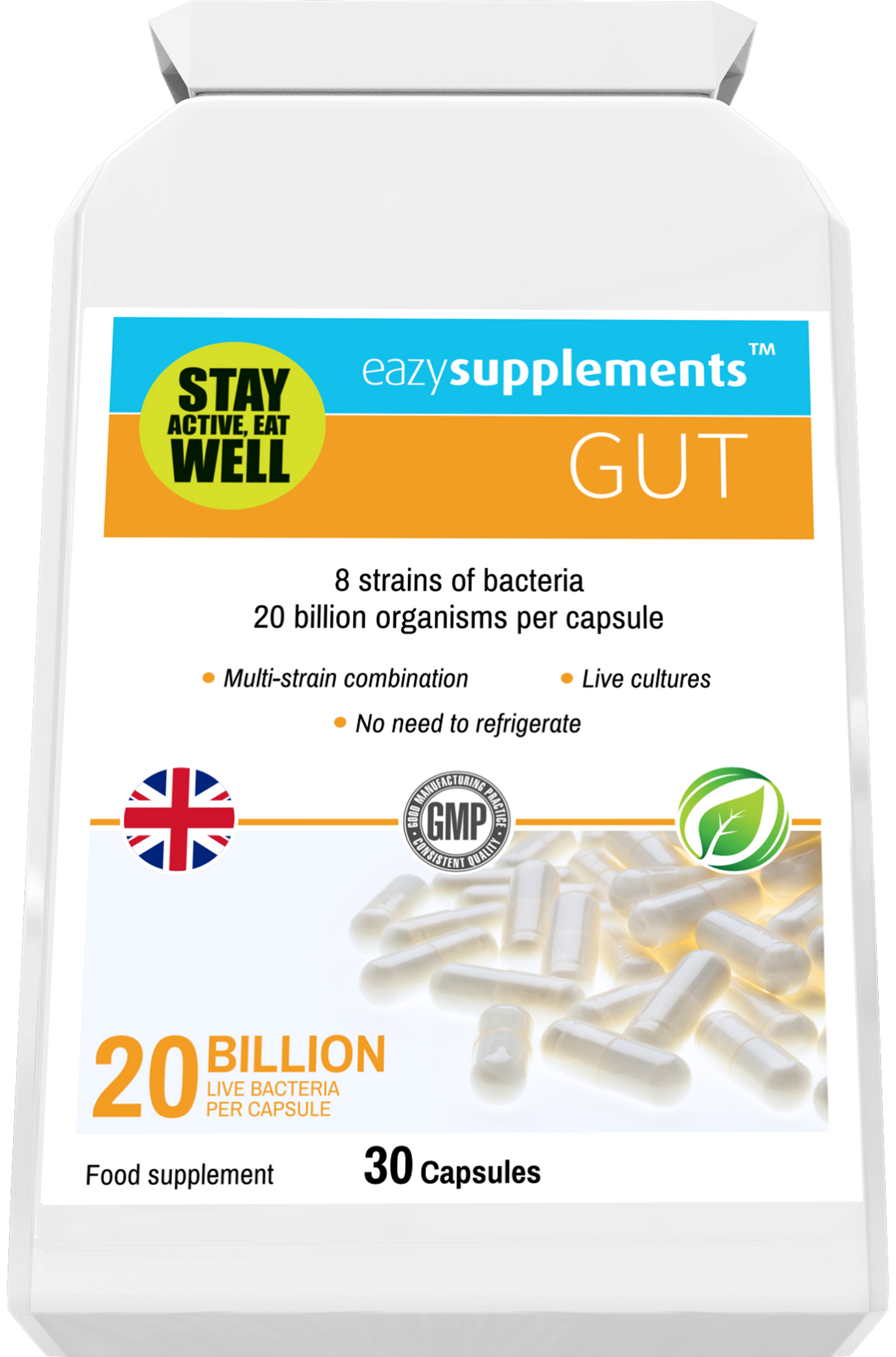 GUT is a practitioner-strength, multi-strain, vegan probiotics UK supplement