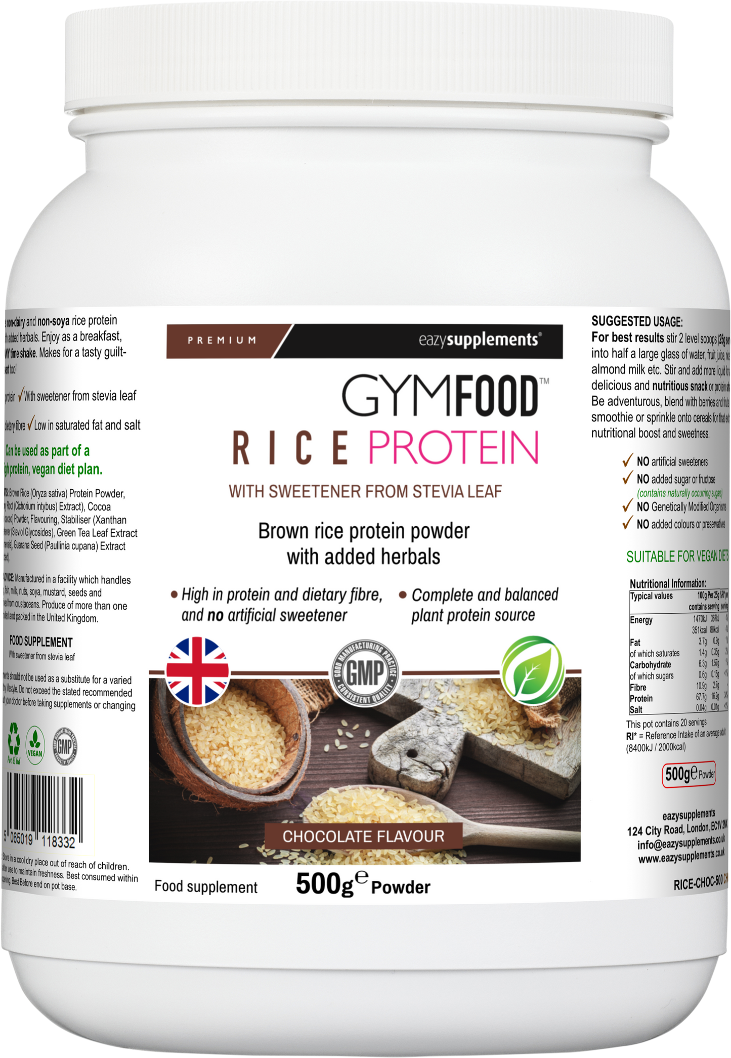 Rice Protein Powder Chocolate - GYMFOOD - 500g