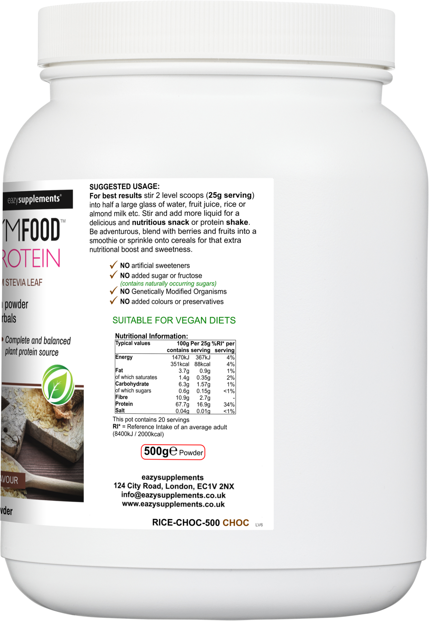 Rice Protein Powder Chocolate - GYMFOOD - 500g