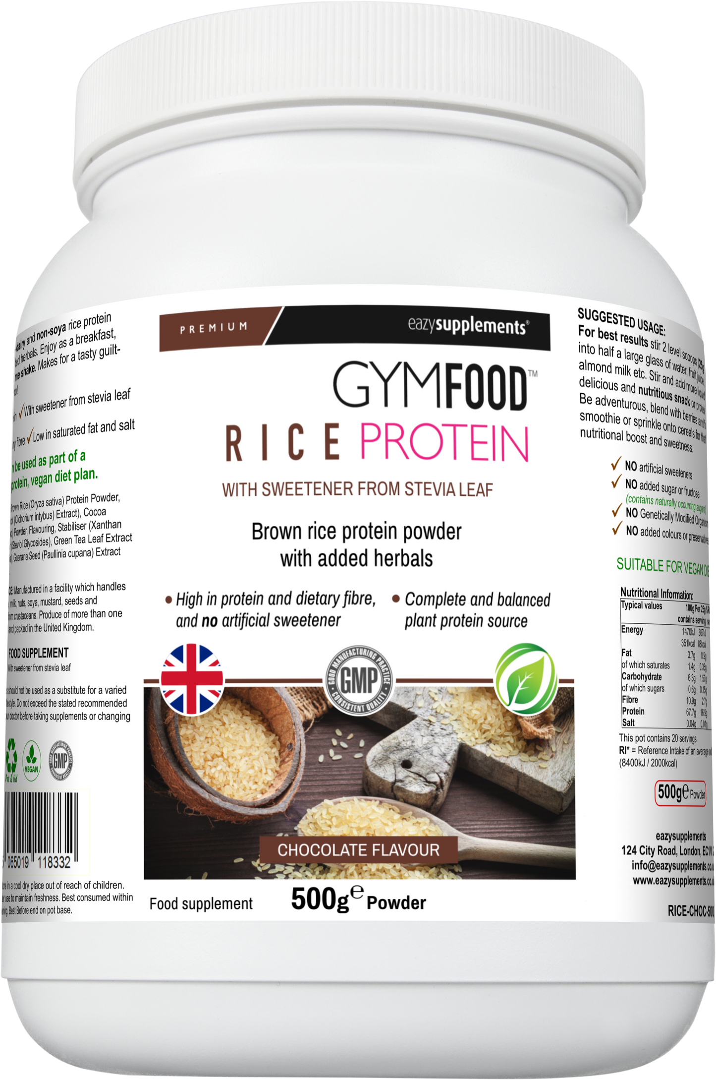 Rice Protein Powder Chocolate - GYMFOOD - 500g