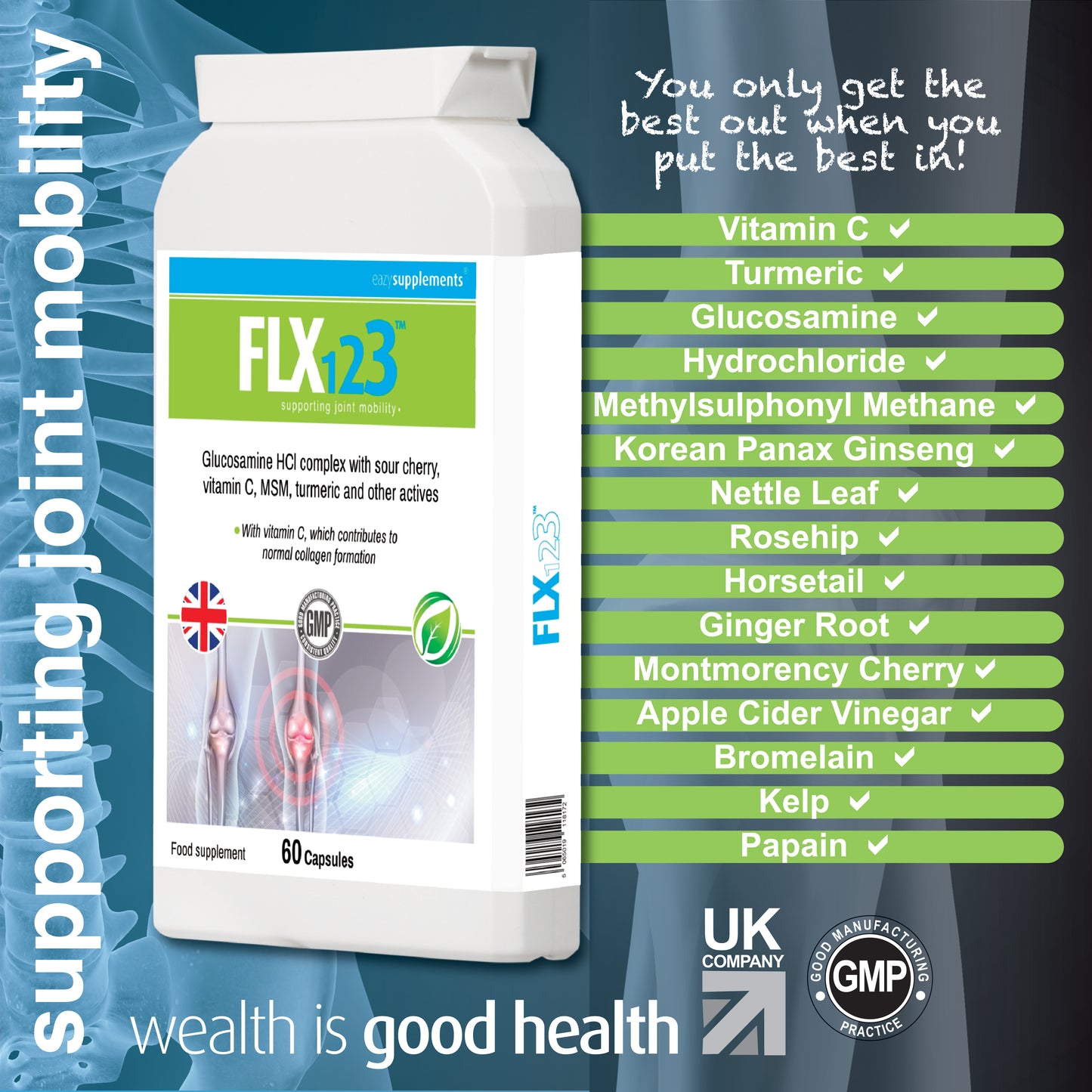 FLX123 - supporting joint mobility - Vitamin C, Turmeric, Glucosamine, Ginseng, Rosehip, Ginger Root, Montmorency Cherry