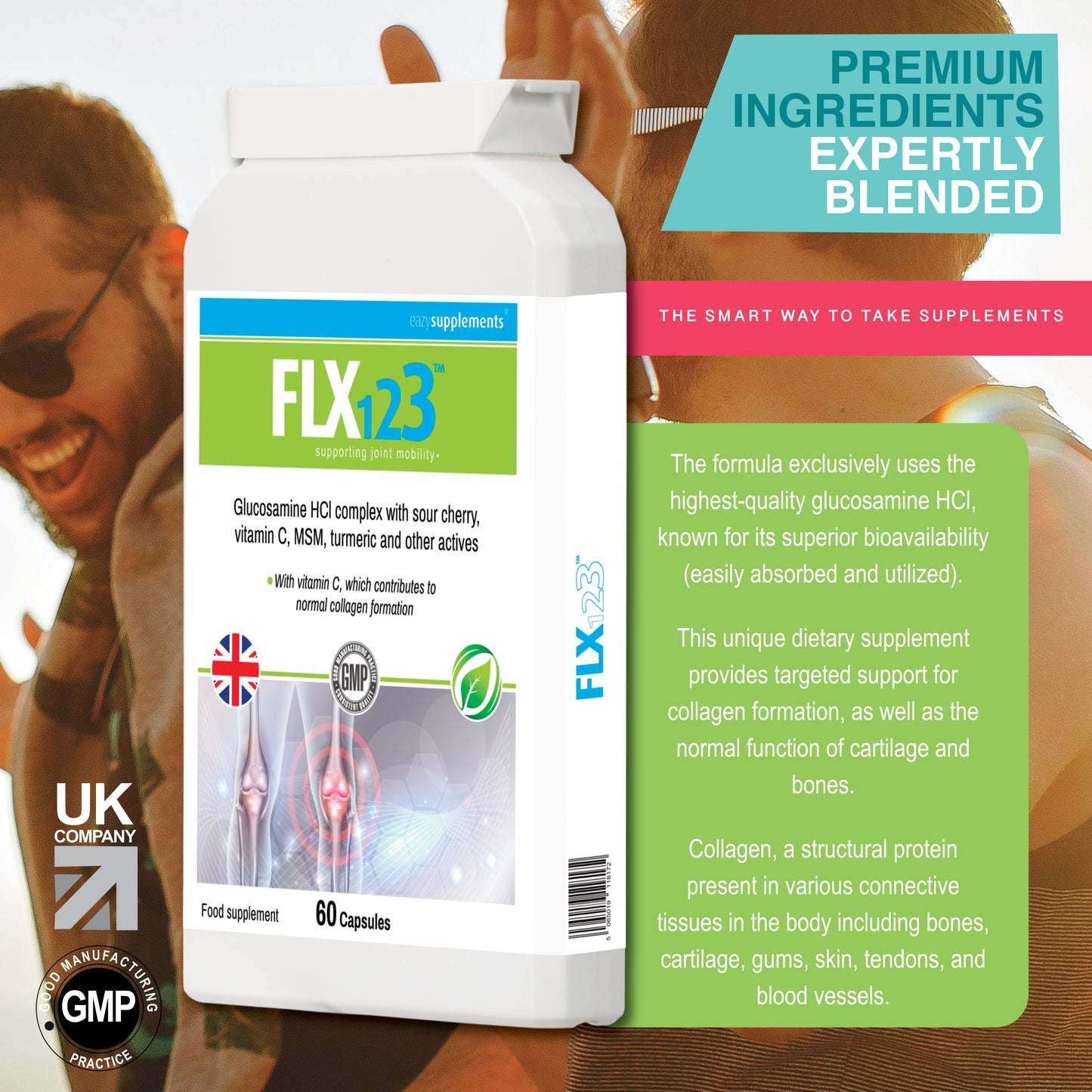 FLX123 - supporting joint mobility - Vitamin C, Turmeric, Glucosamine, Ginseng, Rosehip, Ginger Root, Montmorency Cherry