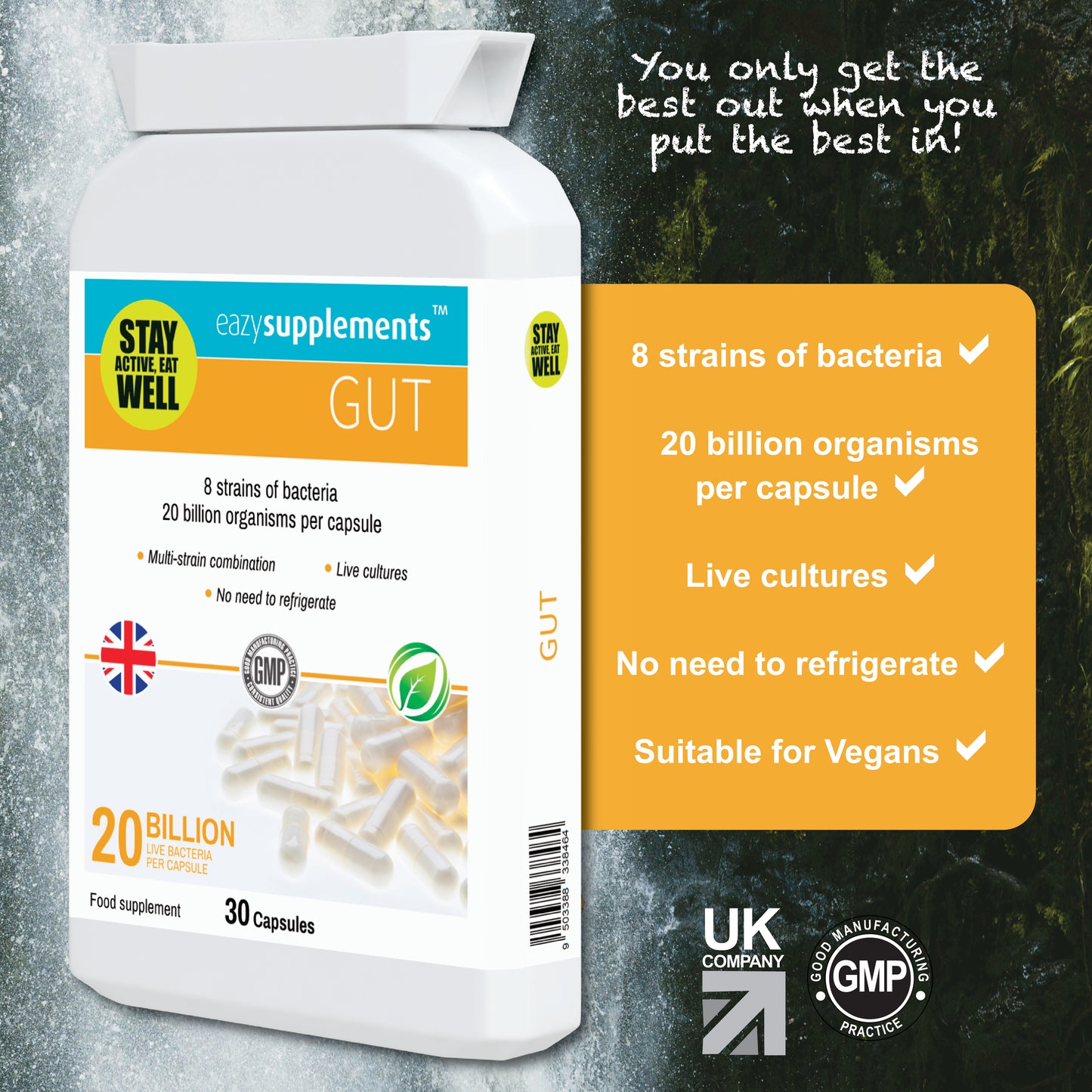 GUT is a practitioner-strength, multi-strain, vegan probiotics UK supplement