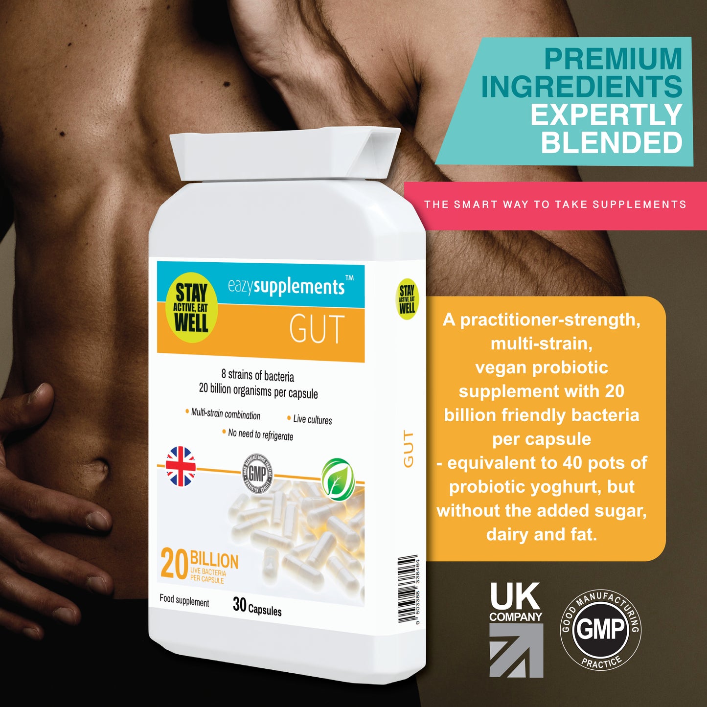 GUT is a practitioner-strength, multi-strain, vegan probiotics UK supplement