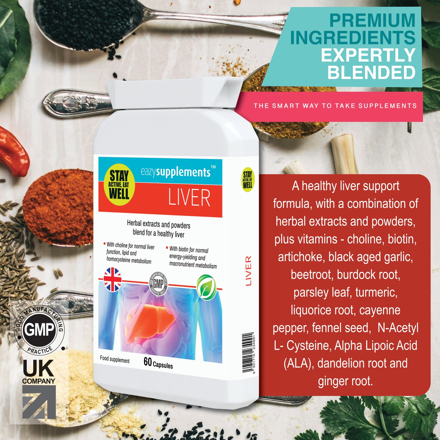 LIVER - healthy liver support formula, with a combination of herbal extracts and powders, plus vitamins.