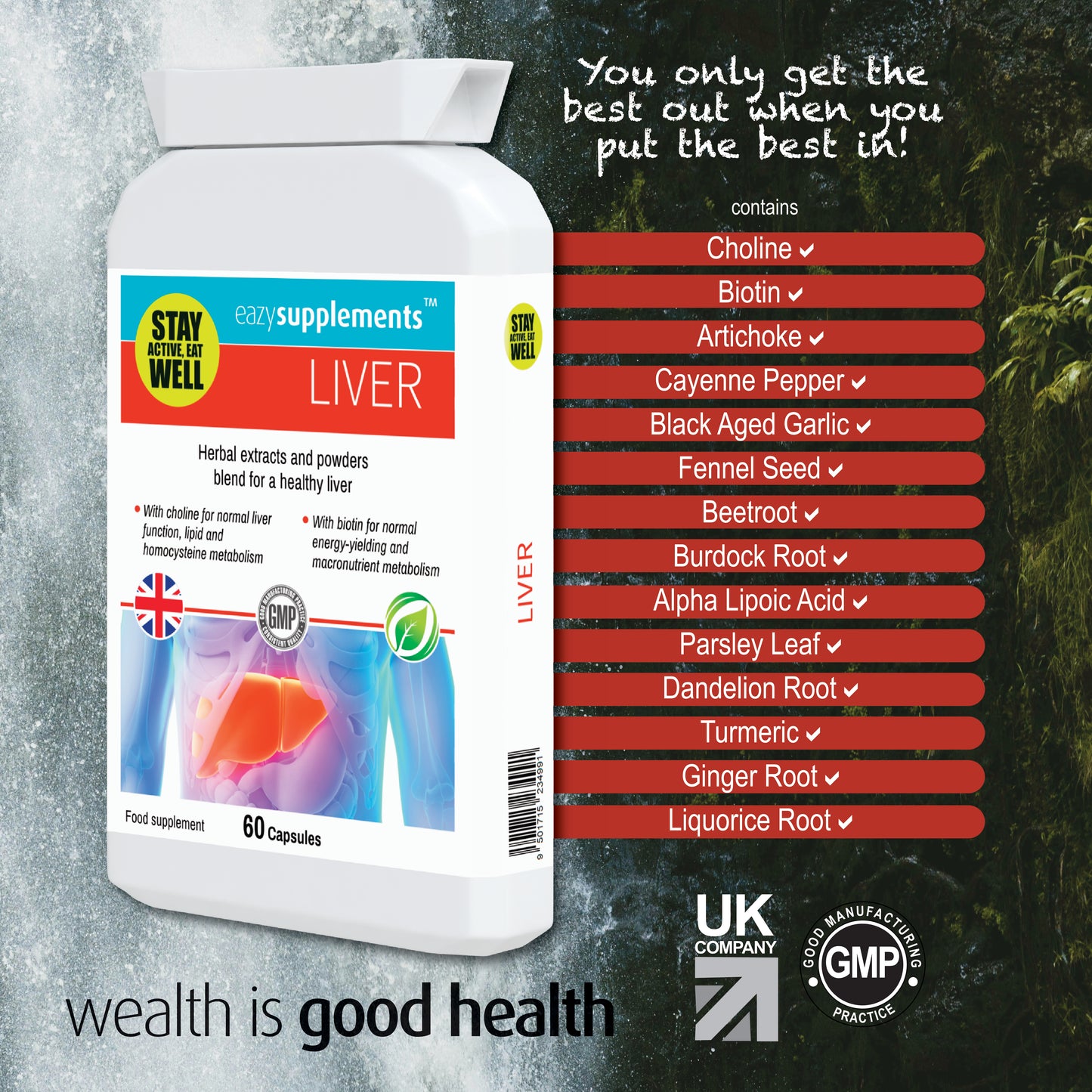 LIVER - healthy liver support formula, with a combination of herbal extracts and powders, plus vitamins.