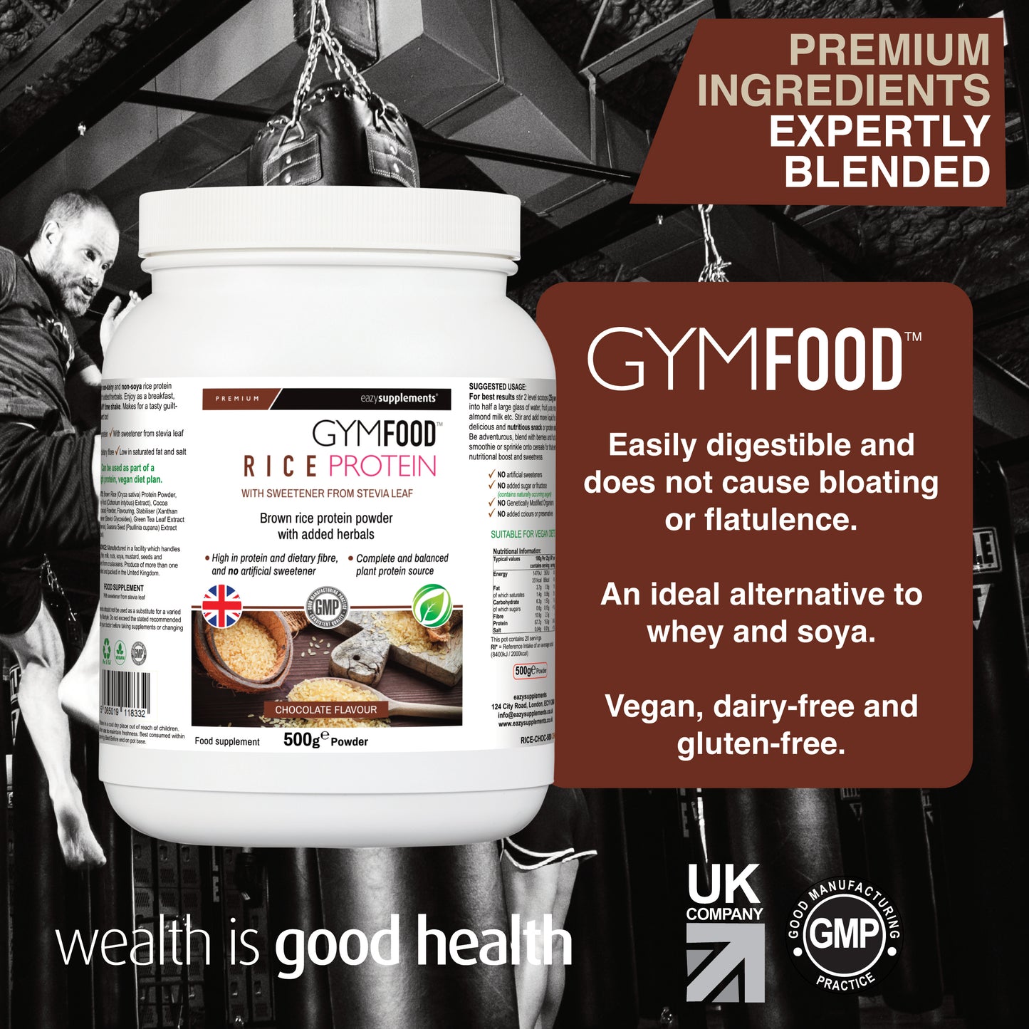Rice Protein Powder Chocolate - GYMFOOD - 500g
