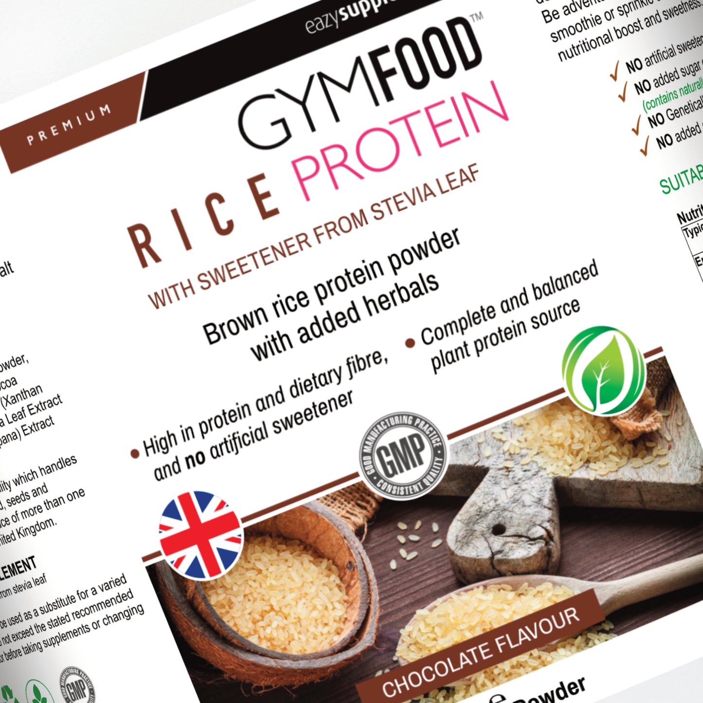 Rice Protein Powder Chocolate - GYMFOOD - 500g