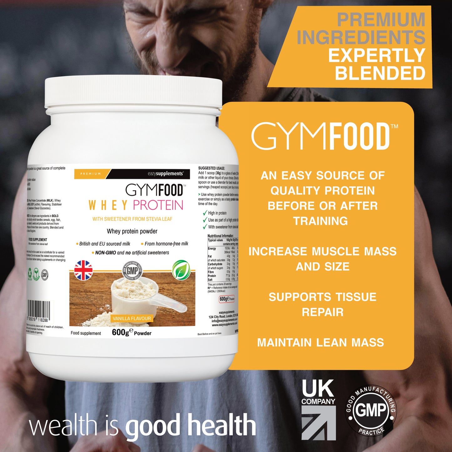 Whey Protein Vanilla Flavour - GYMFOOD - 600g