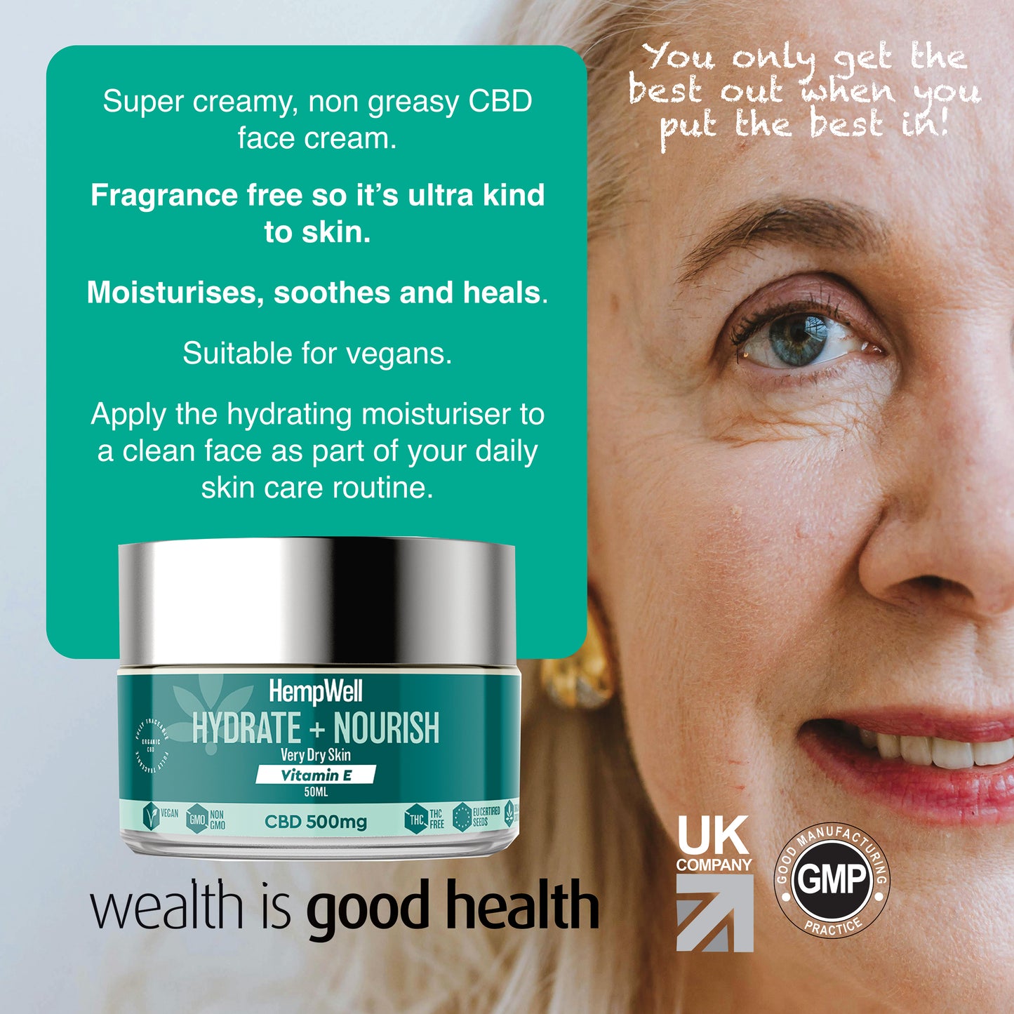 HempWell Hydrate and Nourish CBD Cream for Skin | 500mg CBD | 50ml Glass Jar
