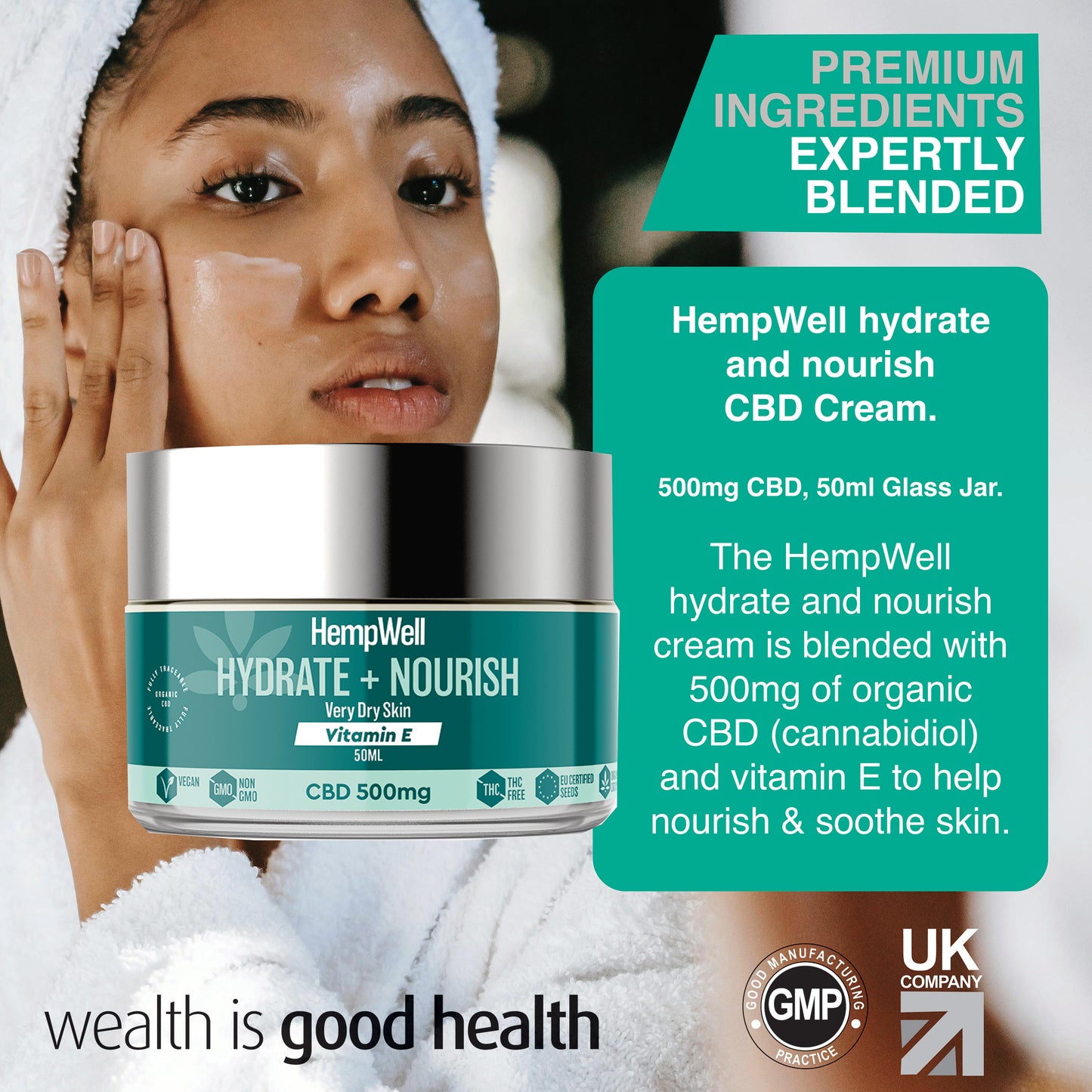 HempWell Hydrate and Nourish CBD Cream for Skin | 500mg CBD | 50ml Glass Jar
