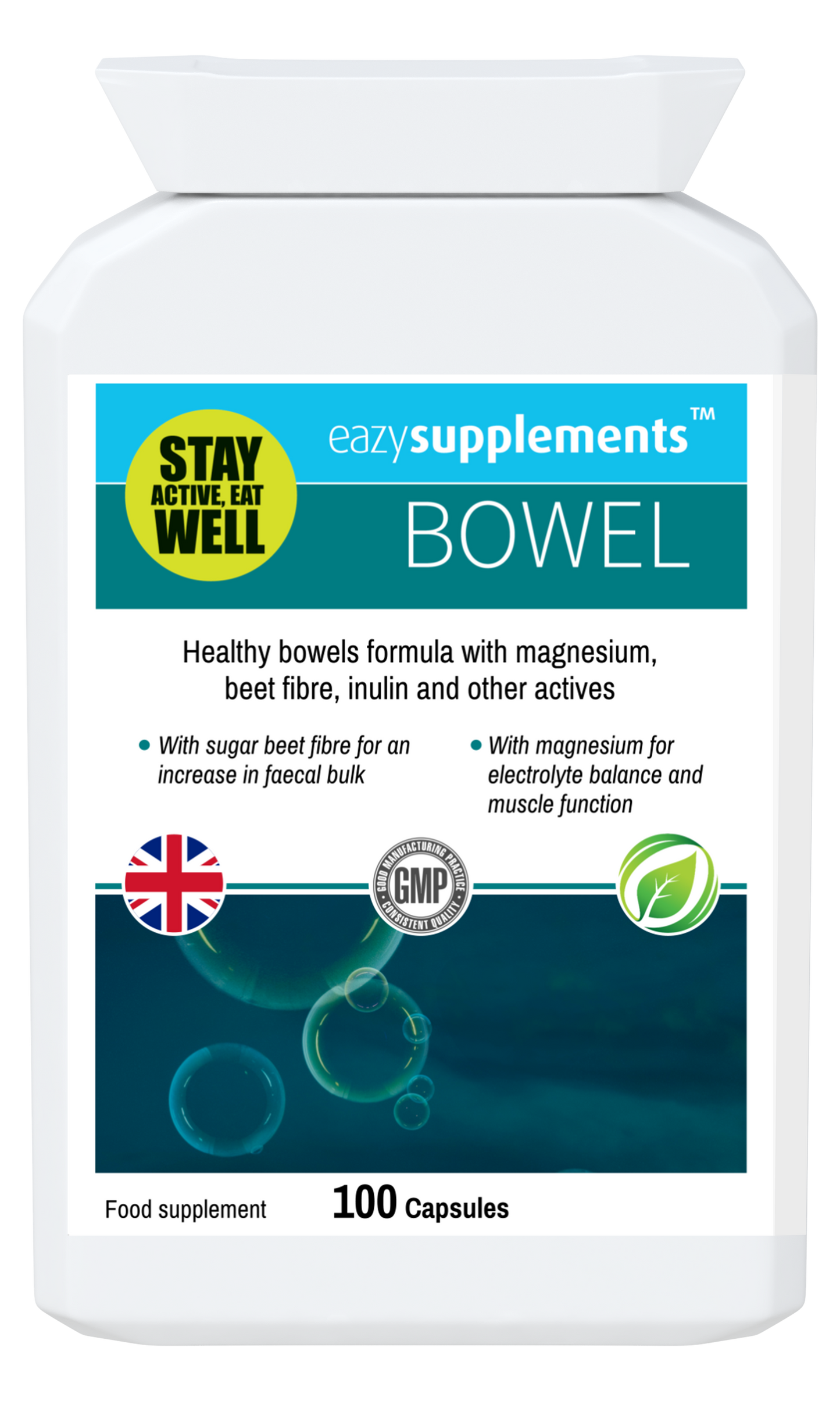 BOWEL - a magnesium-packed hydrating mix with sugar beet fibre to promote faecal bulk and digestive performance.