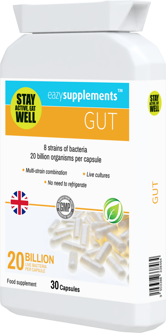 GUT  is a practitioner-strength, multi-strain, vegan probiotic supplement with 20 billion friendly bacteria per capsule - equivalent to 40 pots of probiotic yoghurt, but without the added sugar, dairy and fat.