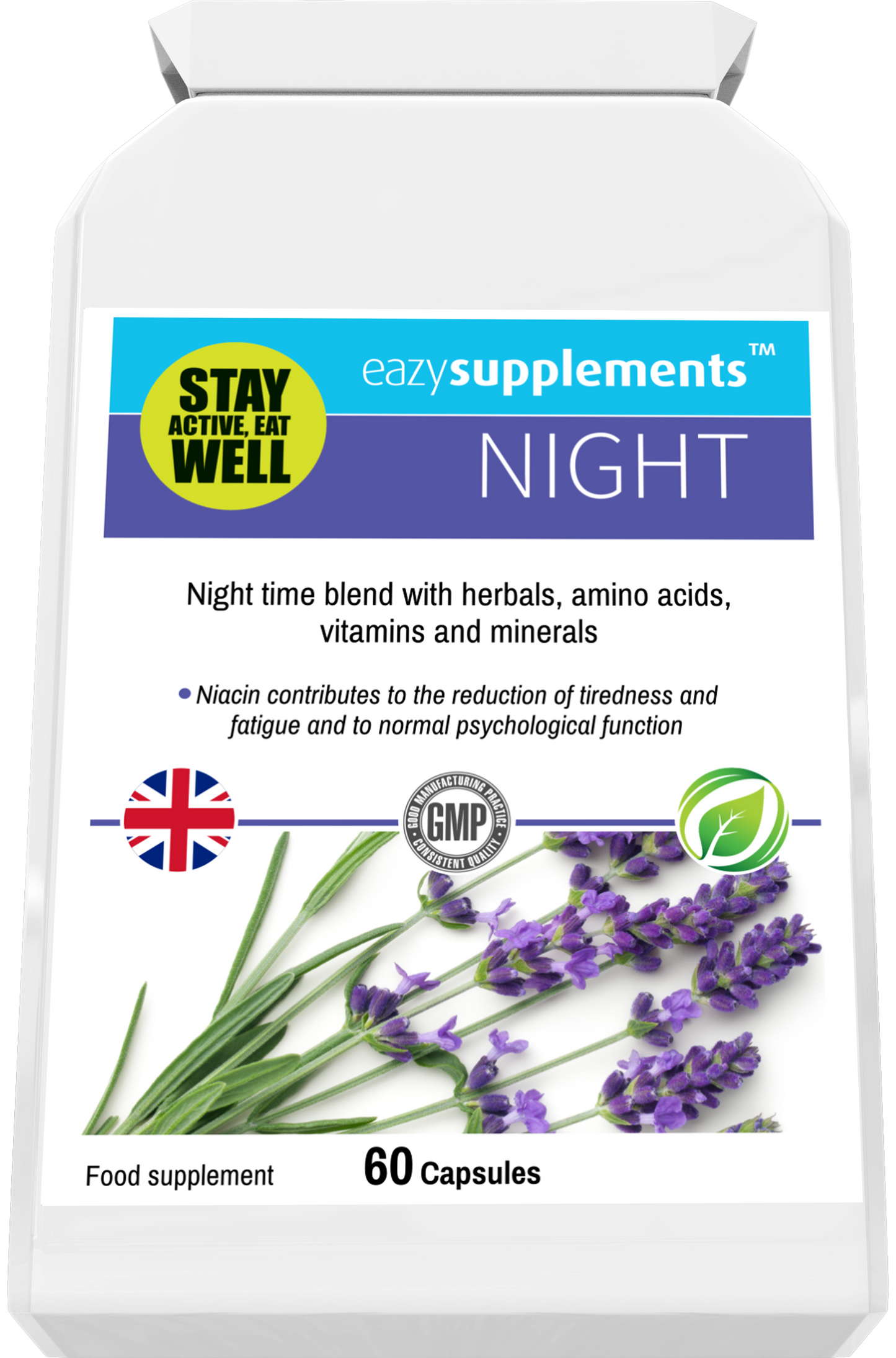 NIGHT - a combination night time blend, with specially selected herbal, amino acid, vitamin and mineral ingredients.