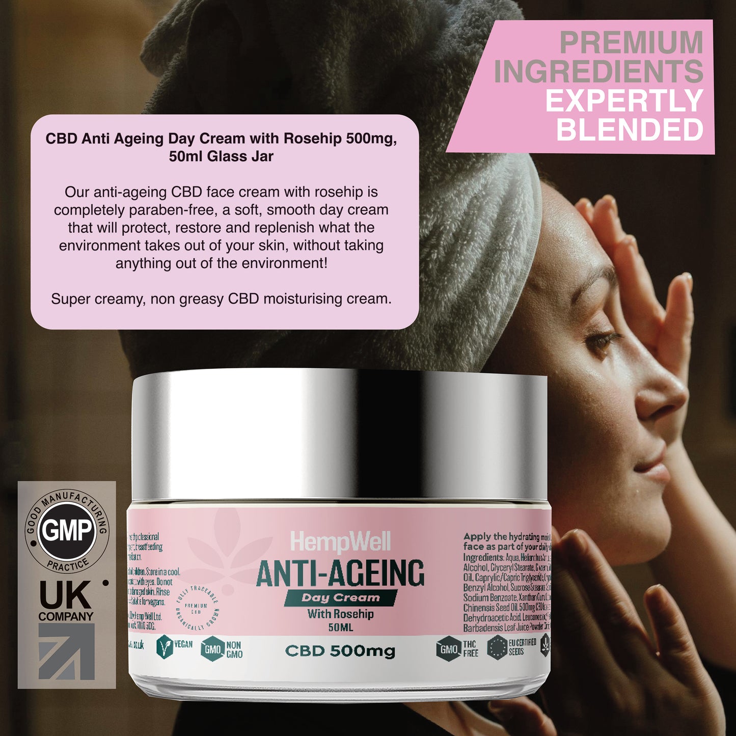 HempWell CBD Anti Ageing Day Cream with Rosehip 500mg | 50ml Glass Jar