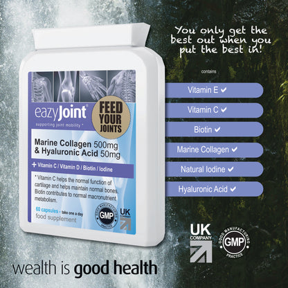 eazyJoint Collagen Supplements for Joints UK, with Oral Hyaluronic Acid + vitamin C / vitamin D / Biotin / Natural Iodine