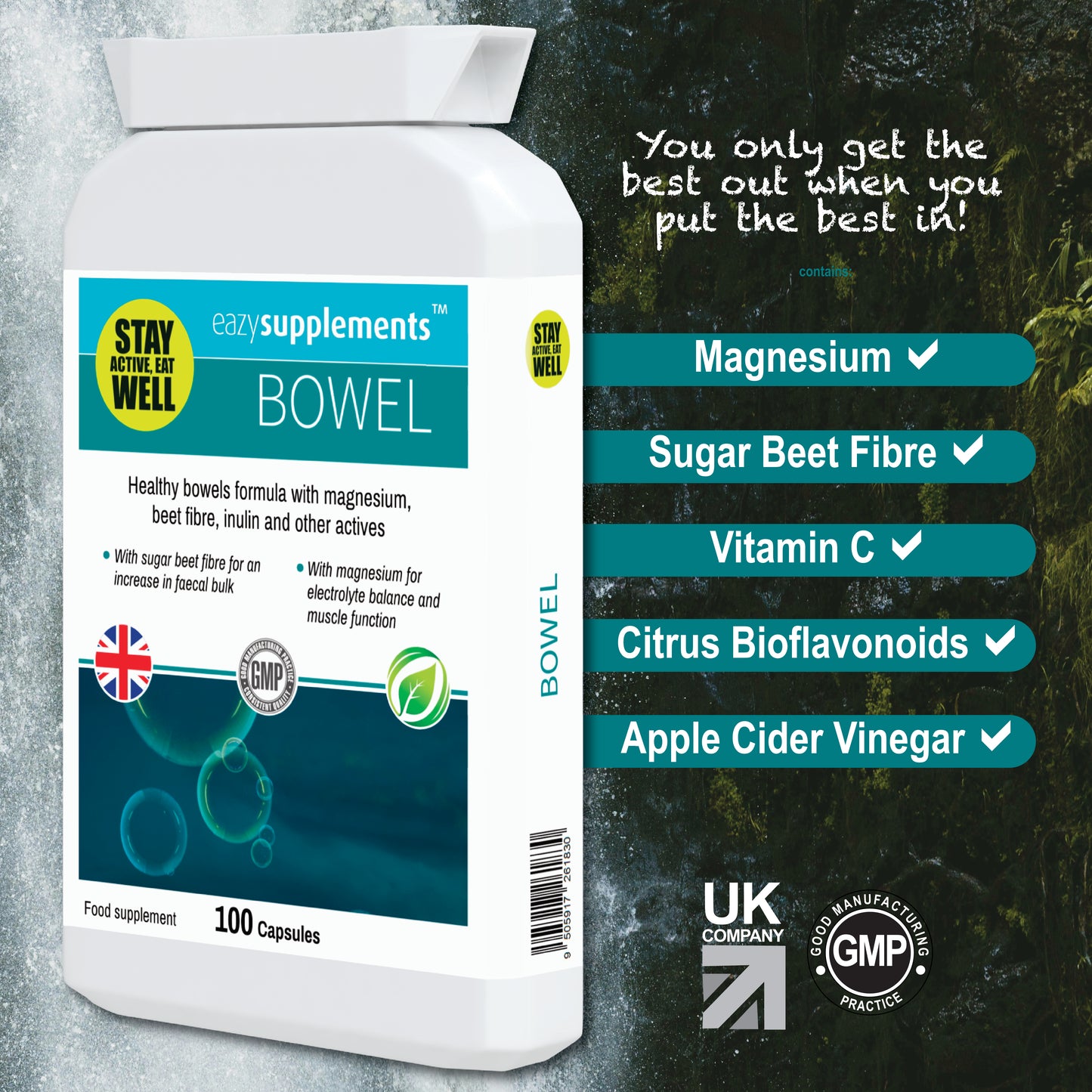 BOWEL - a magnesium-packed hydrating mix with sugar beet fibre to promote faecal bulk and digestive performance.