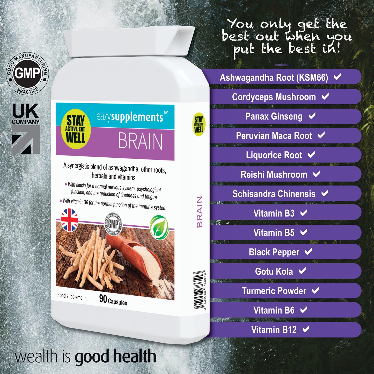 BRAIN - an adaptogenic adrenal support supplement containing precise dosages of key ingredients to assist the body's natural response to stress.