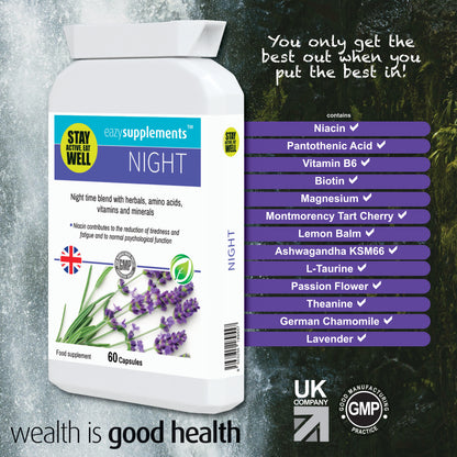 NIGHT - a combination night time blend, with specially selected herbal, amino acid, vitamin and mineral ingredients.