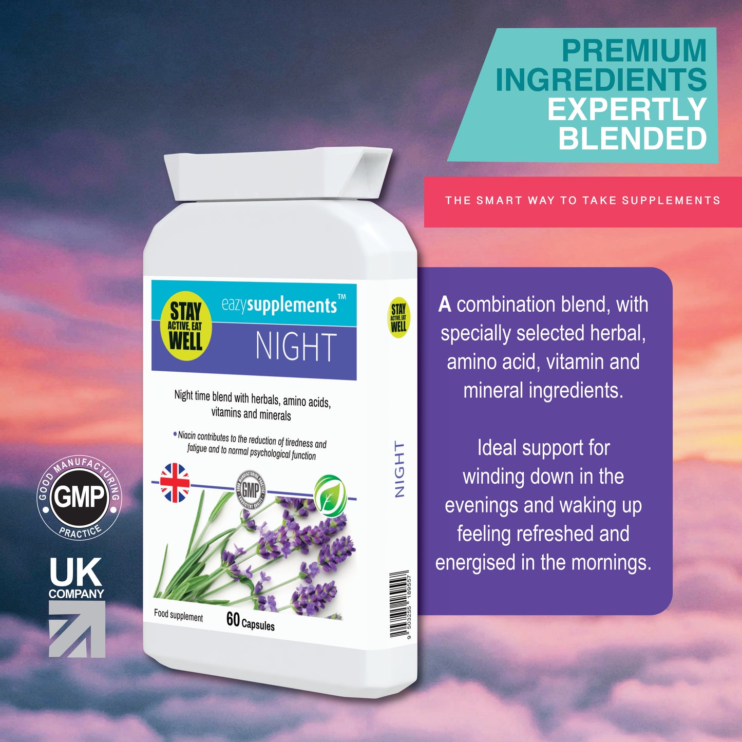 NIGHT - a combination night time blend, with specially selected herbal, amino acid, vitamin and mineral ingredients.