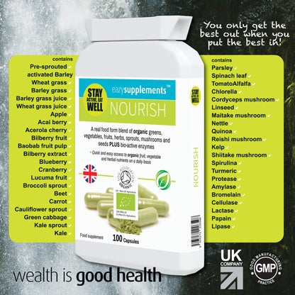 NOURISH - it contains over 35 green foods, vegetables, fruits, berries, herbs, sprouts, mushrooms and seeds plus bio-active enzymes - organic vegan nutrition made easy.