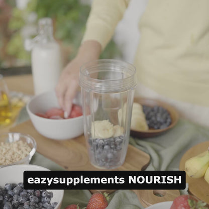 NOURISH - it contains over 35 green foods, vegetables, fruits, berries, herbs, sprouts, mushrooms and seeds plus bio-active enzymes - organic vegan nutrition made easy.